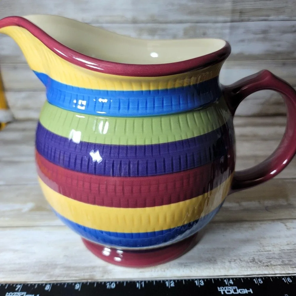 Longaberger Pottery Cabana Stripes Large Pitcher‎ Country Canister 2 Quart